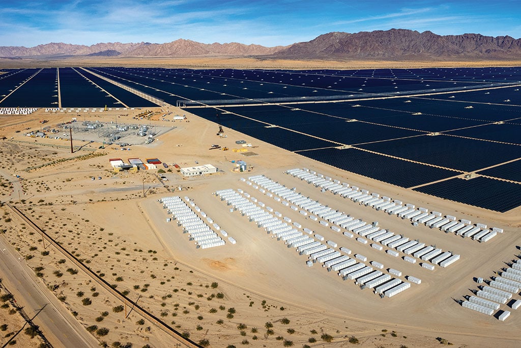 Aerial view of industrial battery units storing electricity